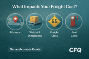 Truck transporting freight in Canada illustrating factors that impact freight cost such as distance, weight, and fuel